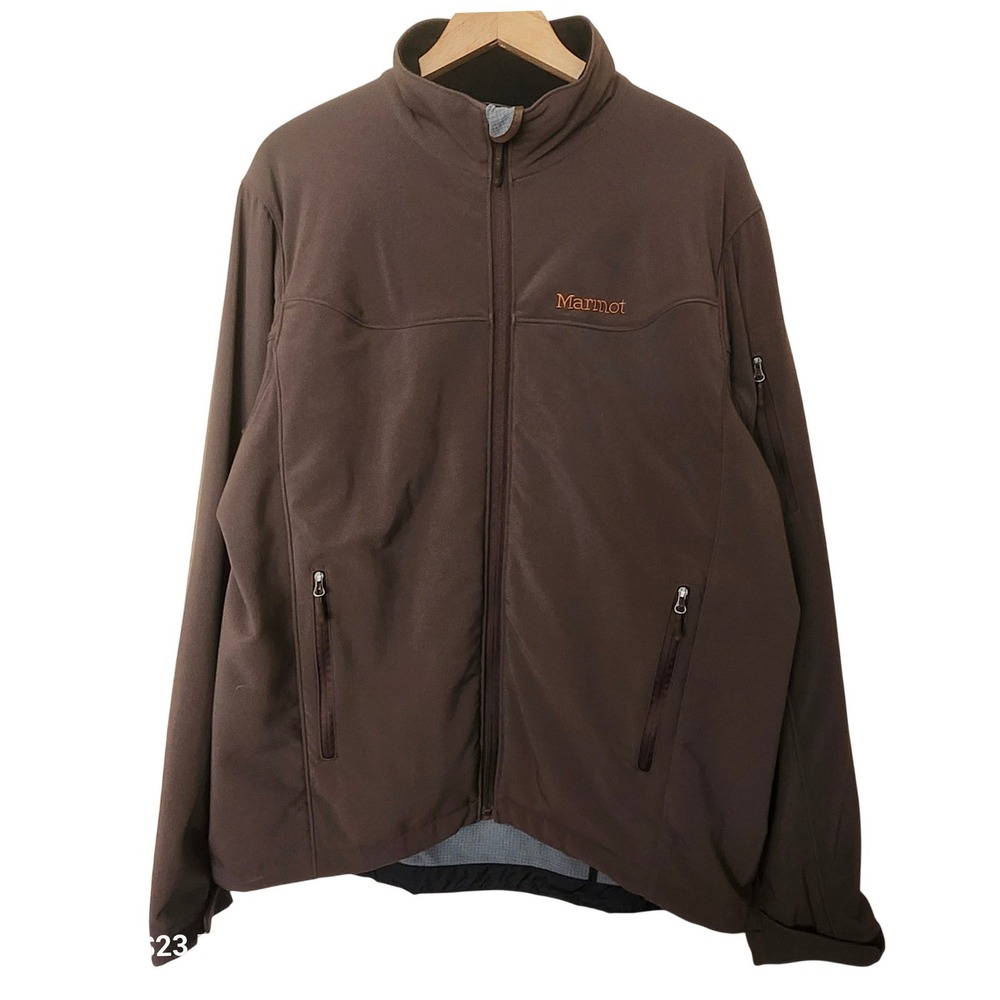 Marmot Softshell Jacket Mens L Brown Full Zip Outdoor Coat Embroidered Logo